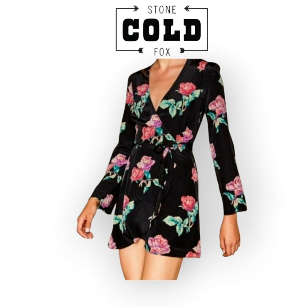 Stone Cold Fox Black Tropical Silk Wrap Mini Dress Long Sleeve XS Boho LA